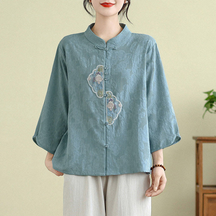 Buddha Stones Flower Embroidery Jacquard Three Quarter Sleeve Frog-Button Cotton Women's Shirt - LightBlue - US12，UK/AU16，EU44 (3XL) - image 9
