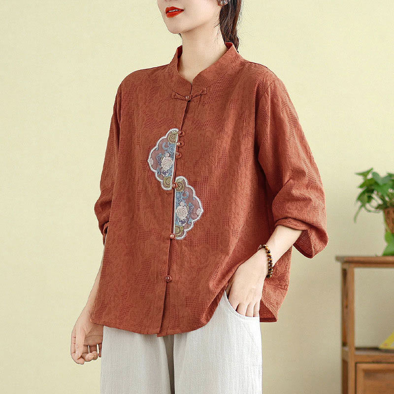 Buddha Stones Flower Embroidery Jacquard Three Quarter Sleeve Frog-Button Cotton Women's Shirt - Tomato - US12，UK/AU16，EU44 (3XL) - image 0