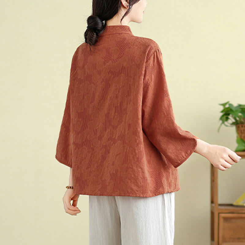 Buddha Stones Flower Embroidery Jacquard Three Quarter Sleeve Frog-Button Cotton Women's Shirt - image 2