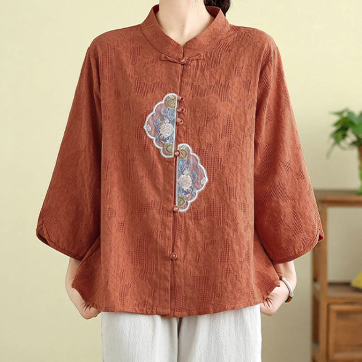 Buddha Stones Flower Embroidery Jacquard Three Quarter Sleeve Frog-Button Cotton Women's Shirt - image 1