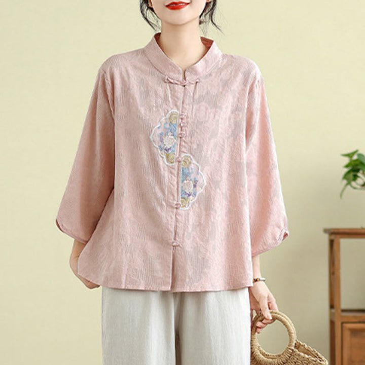 Buddha Stones Flower Embroidery Jacquard Three Quarter Sleeve Frog-Button Cotton Women's Shirt - image 16