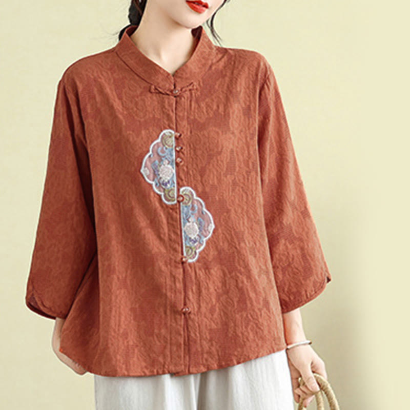 Buddha Stones Flower Embroidery Jacquard Three Quarter Sleeve Frog-Button Cotton Women's Shirt - image 6