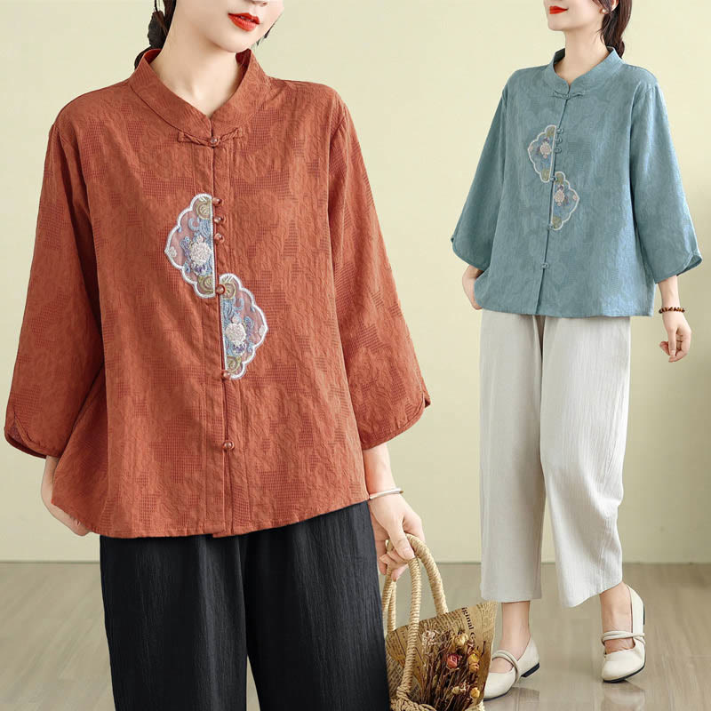 Buddha Stones Flower Embroidery Jacquard Three Quarter Sleeve Frog-Button Cotton Women's Shirt - image 8
