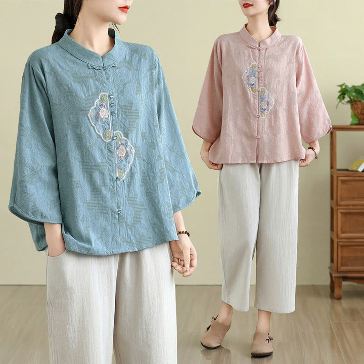 Buddha Stones Flower Embroidery Jacquard Three Quarter Sleeve Frog-Button Cotton Women's Shirt - image 25