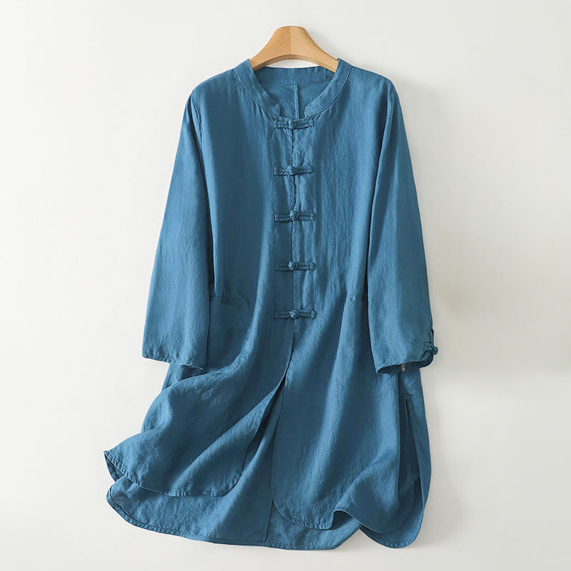 Buddha Stones Fall Solid Color Frog-Button Stand Collar Three Quarter Sleeve Mid-length Women's Cotton Shirt - CornflowerBlue - US8-10，UK/AU12-14，EU40-42 (2XL) - image 7
