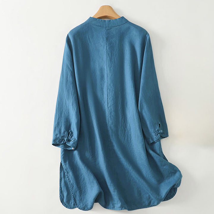 Buddha Stones Fall Solid Color Frog-Button Stand Collar Three Quarter Sleeve Mid-length Women's Cotton Shirt - image 8