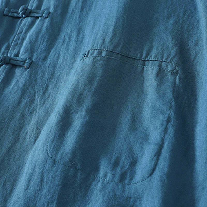 Buddha Stones Fall Solid Color Frog-Button Stand Collar Three Quarter Sleeve Mid-length Women's Cotton Shirt - image 12