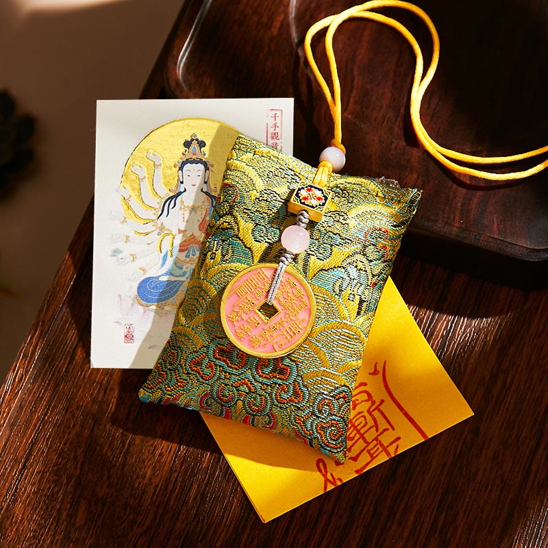 Buddha Stones Chinese Zodiac Natal Buddha Copper Coins Sachet Blessing Hanging Decoration - Green Fabric - Rat-Thousand-armed Avalokitesvara - image 2