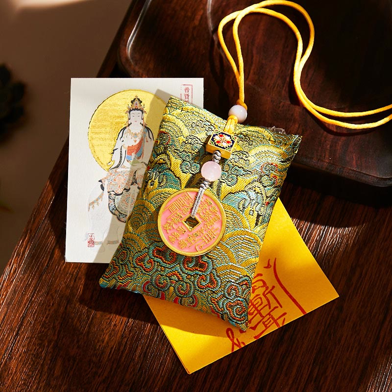 Buddha Stones Chinese Zodiac Natal Buddha Copper Coins Sachet Blessing Hanging Decoration - Green Fabric - Dragon/Snake-Samantabhadra Bodhisattva - image 12