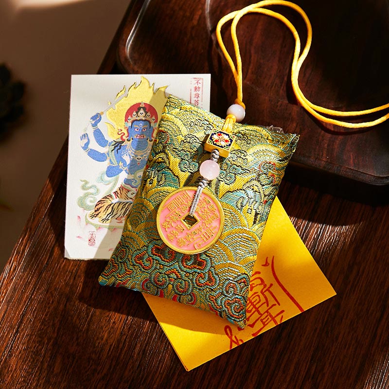 Buddha Stones Chinese Zodiac Natal Buddha Copper Coins Sachet Blessing Hanging Decoration - Green Fabric - Rooster-Acalanatha - image 6