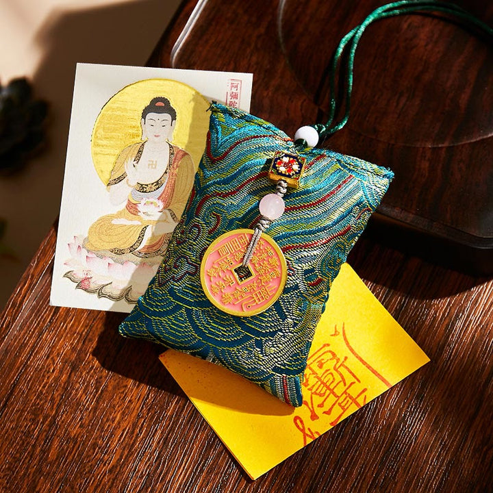 Buddha Stones Chinese Zodiac Natal Buddha Copper Coins Sachet Blessing Hanging Decoration - Dark Green Fabric - Dog/Pig-Amitabha Buddha - image 23