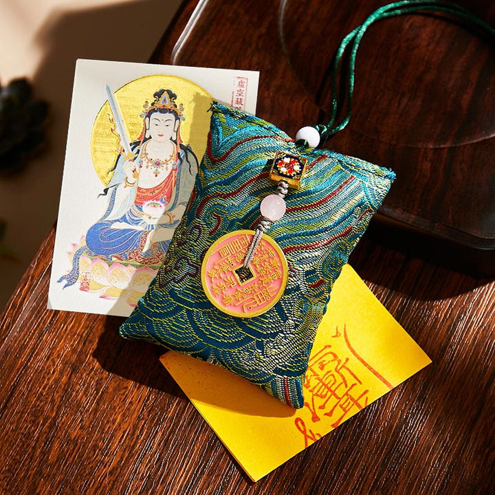 Buddha Stones Chinese Zodiac Natal Buddha Copper Coins Sachet Blessing Hanging Decoration - Dark Green Fabric - Ox/Tiger-Void Bodhisattva - image 18