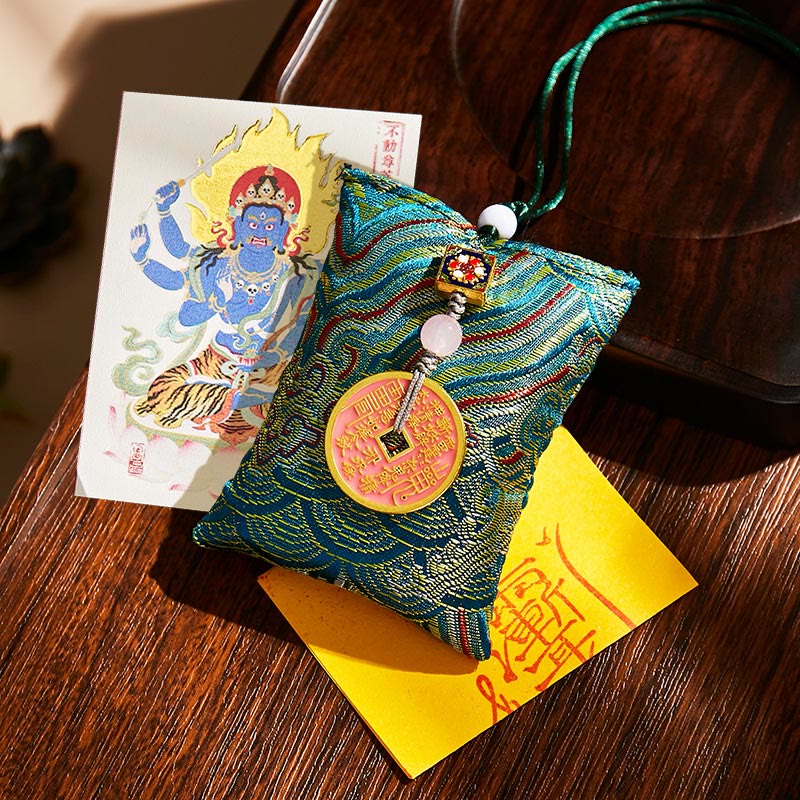 Buddha Stones Chinese Zodiac Natal Buddha Copper Coins Sachet Blessing Hanging Decoration - Dark Green Fabric - Rooster-Acalanatha - image 19