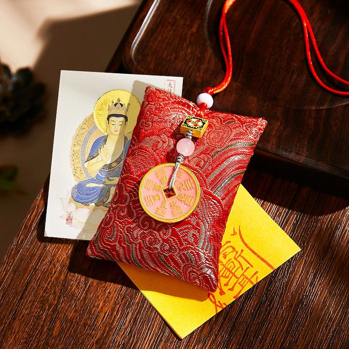 Buddha Stones Chinese Zodiac Natal Buddha Copper Coins Sachet Blessing Hanging Decoration - Red Fabric - Goat/Monkey-Tathagata - image 29