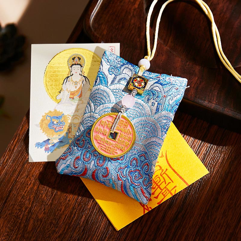 Buddha Stones Chinese Zodiac Natal Buddha Copper Coins Sachet Blessing Hanging Decoration - Light Blue Fabric - Rabbit-Manjushri Bodhisattva - image 32