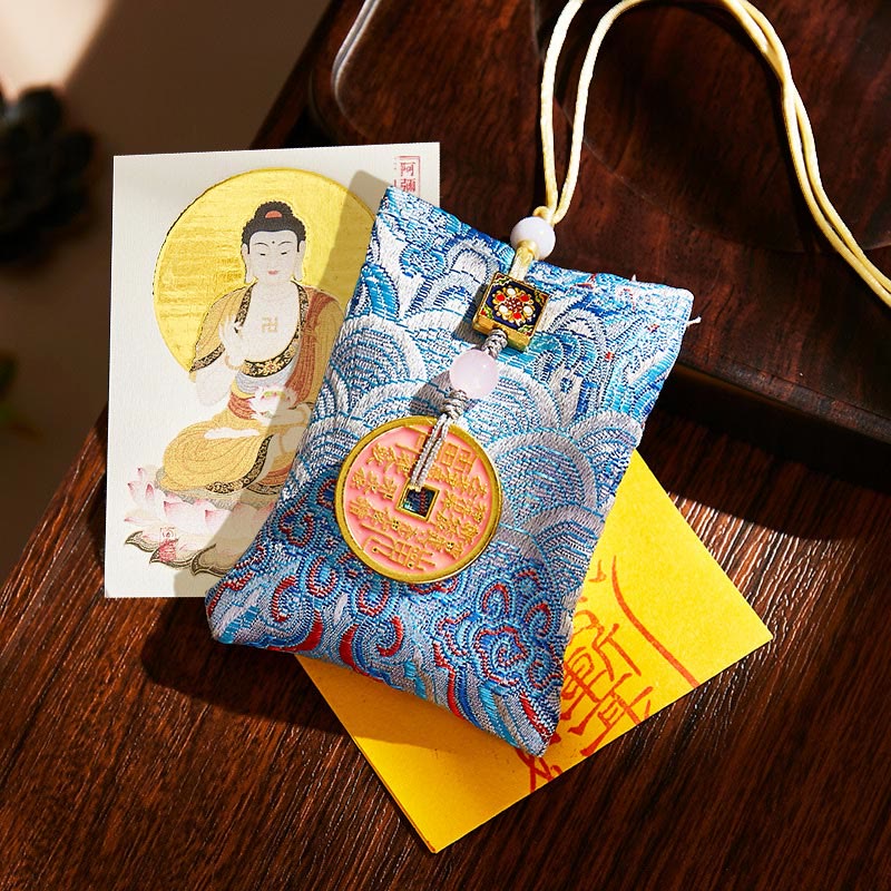 Buddha Stones Chinese Zodiac Natal Buddha Copper Coins Sachet Blessing Hanging Decoration - Light Blue Fabric - Dog/Pig-Amitabha Buddha - image 39