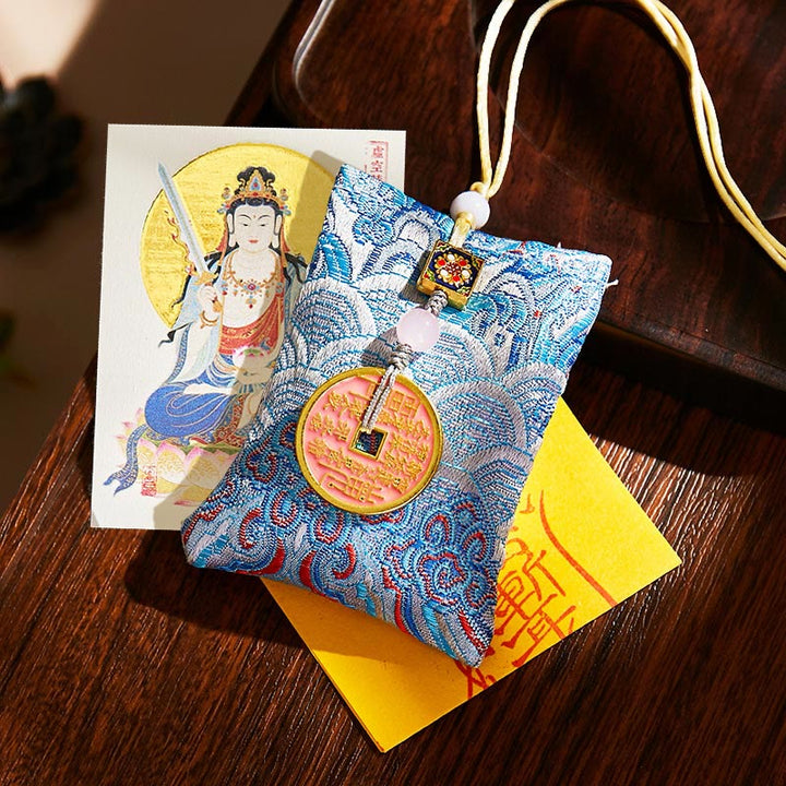 Buddha Stones Chinese Zodiac Natal Buddha Copper Coins Sachet Blessing Hanging Decoration - Light Blue Fabric - Ox/Tiger-Void Bodhisattva - image 34