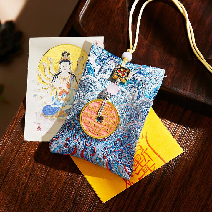 Buddha Stones Chinese Zodiac Natal Buddha Copper Coins Sachet Blessing Hanging Decoration - Light Blue Fabric - Rat-Thousand-armed Avalokitesvara - image 33