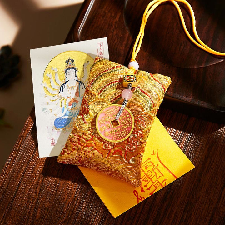 Buddha Stones Chinese Zodiac Natal Buddha Copper Coins Sachet Blessing Hanging Decoration - Yellow Fabric - Rat-Thousand-armed Avalokitesvara - image 41