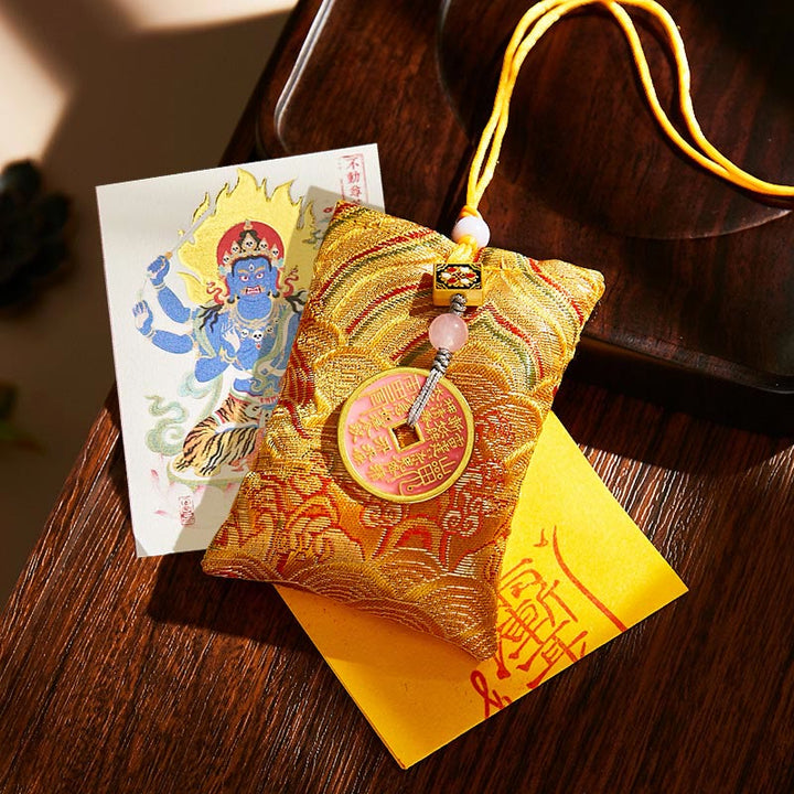 Buddha Stones Chinese Zodiac Natal Buddha Copper Coins Sachet Blessing Hanging Decoration - Yellow Fabric - Rooster-Acalanatha - image 43