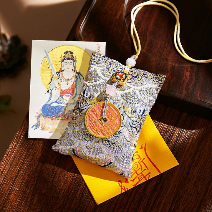Buddha Stones Chinese Zodiac Natal Buddha Copper Coins Sachet Blessing Hanging Decoration - Gray Fabric - Ox/Tiger-Void Bodhisattva - image 50
