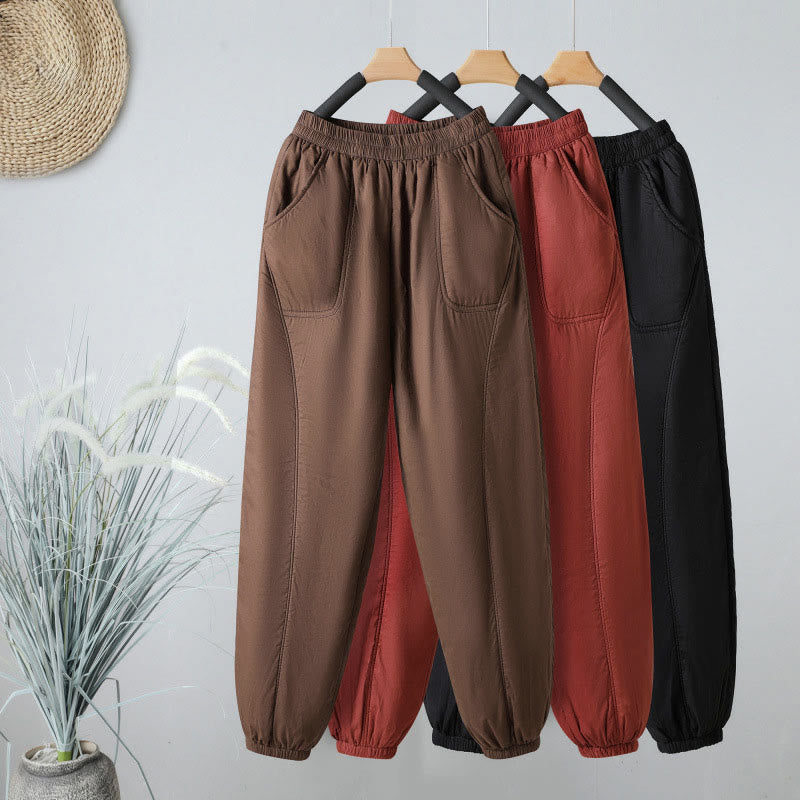 Buddha Stones Winter Elastic Waist Cotton Thermal Women's Cropped 7-8 Length Harem Pants With Pockets - image 0
