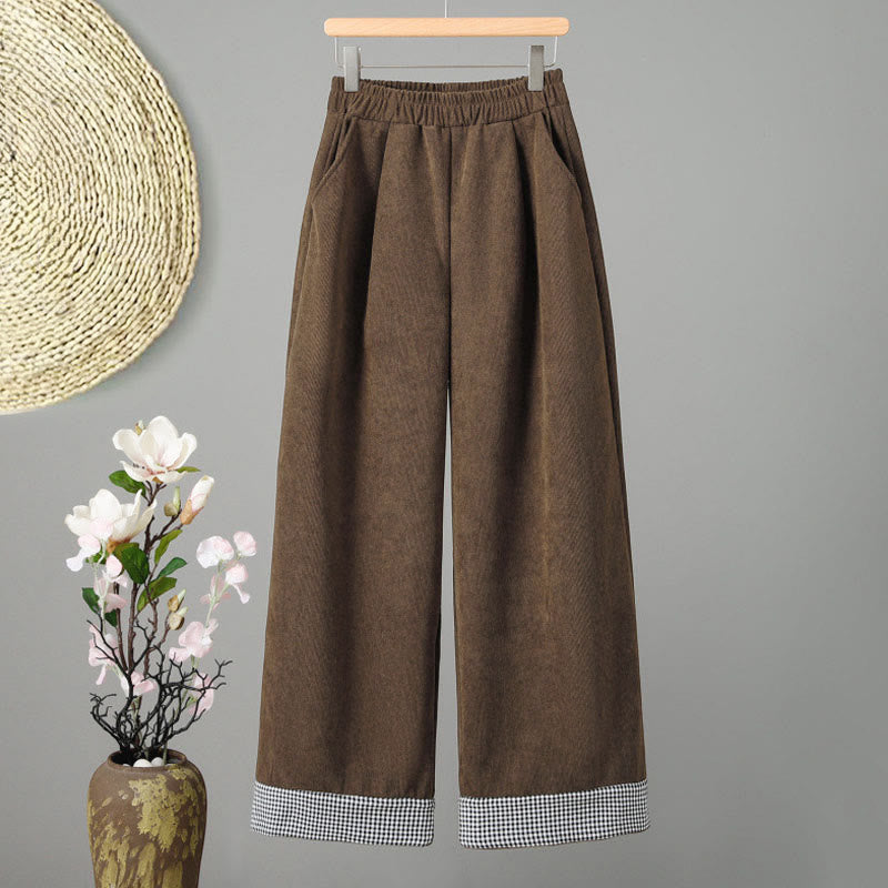 Buddha Stones Plain Elastic Waist Patchwork Plaid Women's Ankle-Length Wide Leg Corduroy Pants - SaddleBrown - US8-10，UK/AU12-14，EU40-42 (2XL) - image 0