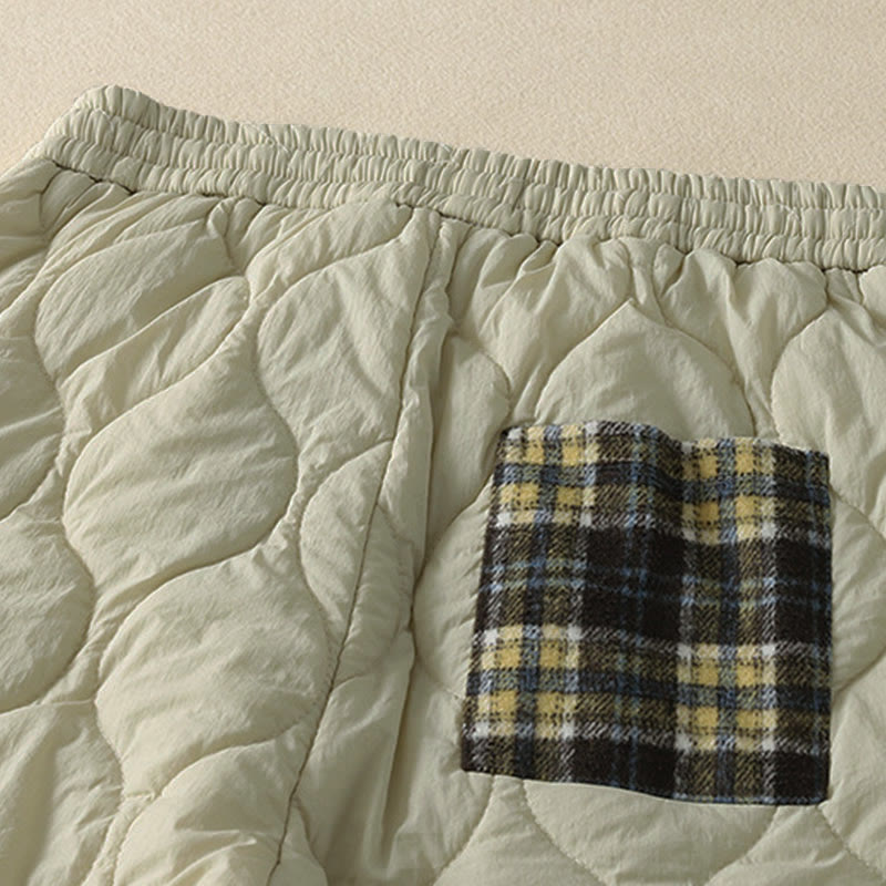Buddha Stones Winter Curved Lines Elastic Waist Drawstring Patchwork Plaid Cotton Thermal Women's Pants With Pockets - image 9