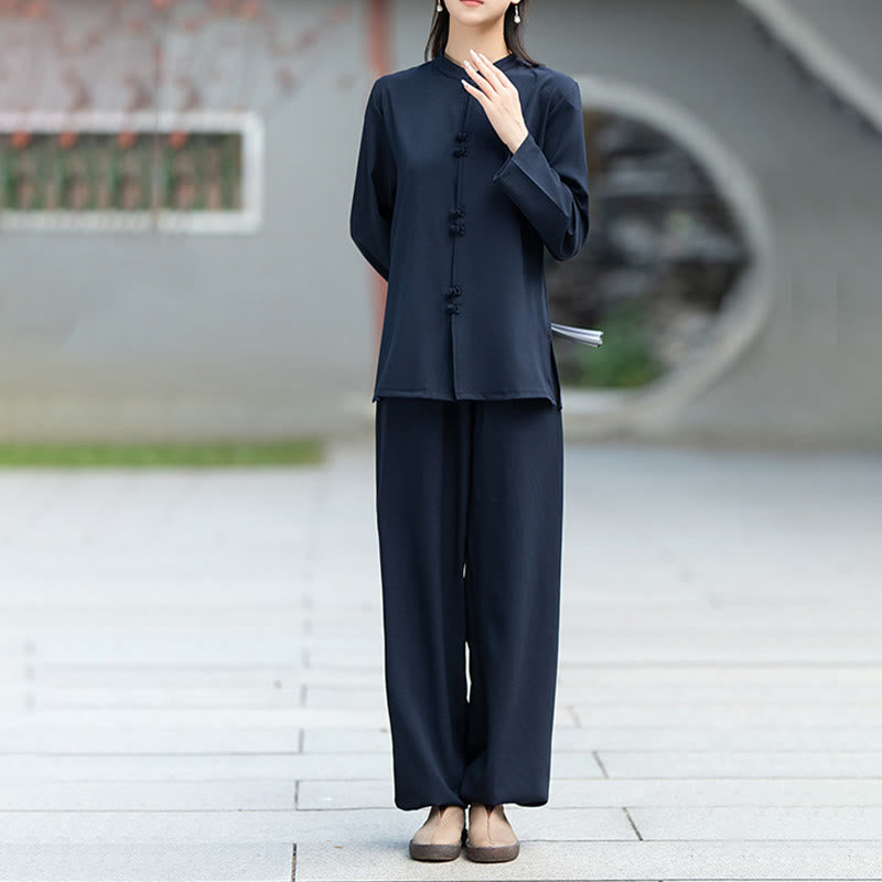 Buddha Stones 2Pcs Chinese Frog-Button Long Sleeve Shirt Top Pants Meditation Zen Tai Chi Cotton Clothing Women's Set - image 3