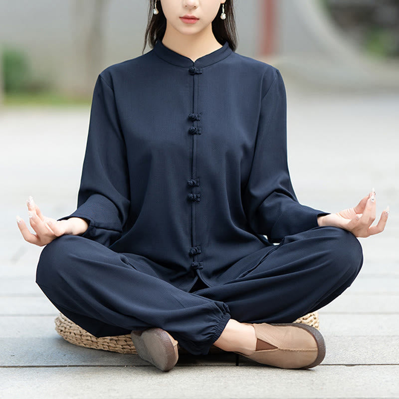 Buddha Stones 2Pcs Chinese Frog-Button Long Sleeve Shirt Top Pants Meditation Zen Tai Chi Cotton Clothing Women's Set - image 2