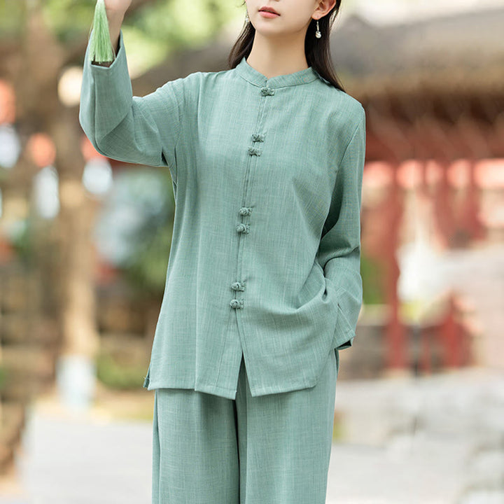 Buddha Stones 2Pcs Chinese Frog-Button Long Sleeve Shirt Top Pants Meditation Zen Tai Chi Cotton Clothing Women's Set - image 14