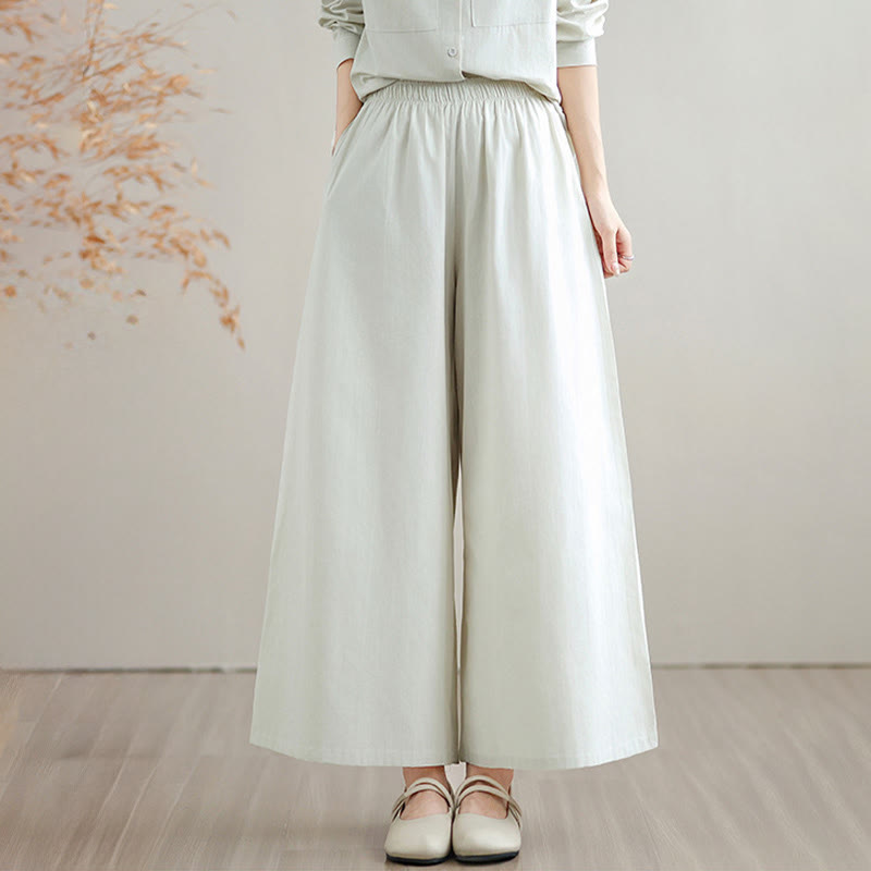 Buddha Stones 2Pcs Fall Solid Color Cotton Buttons Down Long Sleeve Shirt Ankle-Length Wide Leg Pants Women's Set With Pockets - image 5