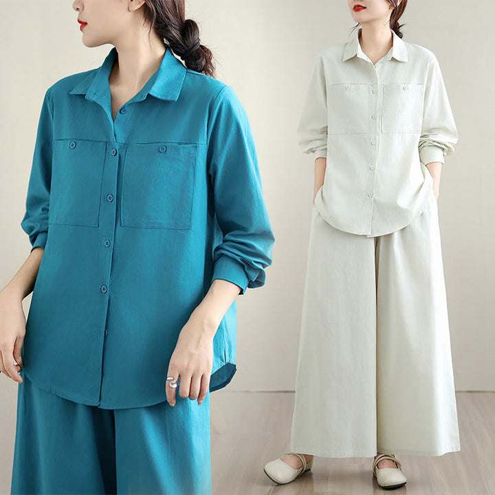 Buddha Stones 2Pcs Fall Solid Color Cotton Buttons Down Long Sleeve Shirt Ankle-Length Wide Leg Pants Women's Set With Pockets - image 20