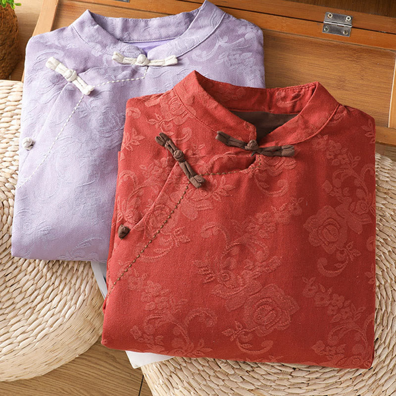 Buddha Stones Fall Jacquard Floral Print Frog-Button Stand Collar Long Sleeve Women's Cotton Shirt - image 7