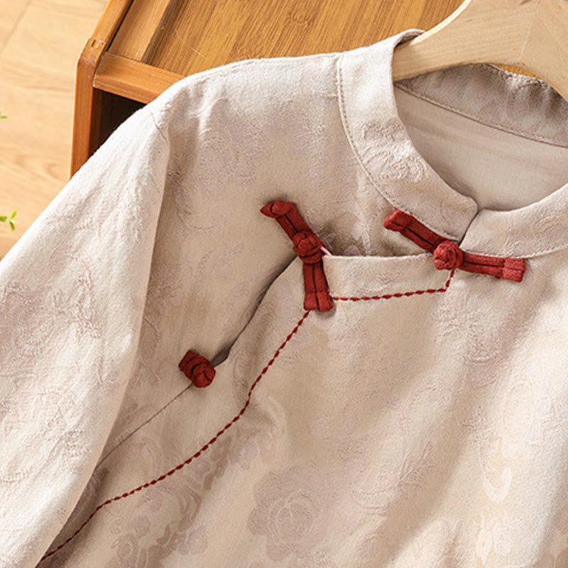 Buddha Stones Fall Jacquard Floral Print Frog-Button Stand Collar Long Sleeve Women's Cotton Shirt - image 21