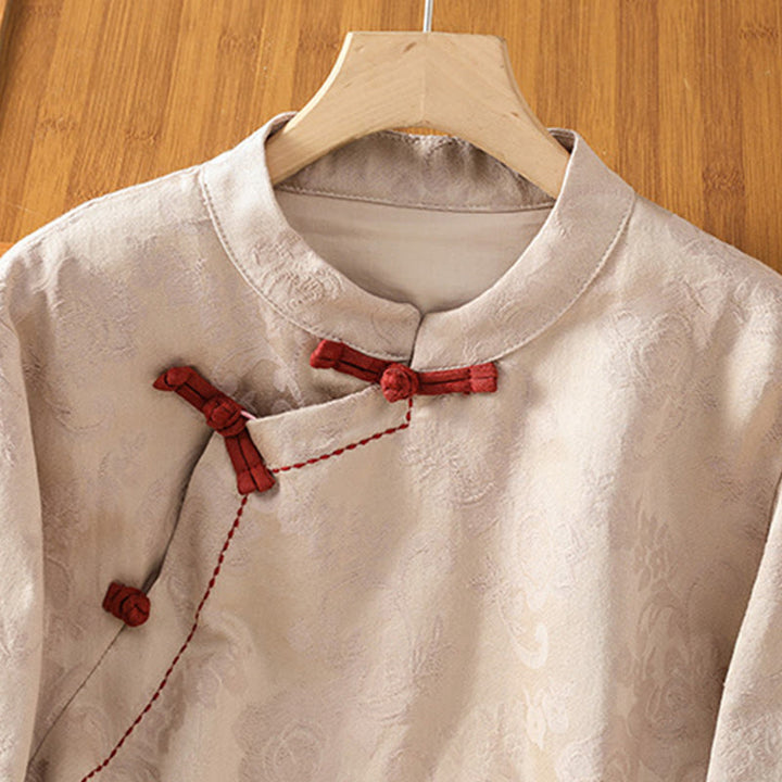 Buddha Stones Fall Jacquard Floral Print Frog-Button Stand Collar Long Sleeve Women's Cotton Shirt - image 19