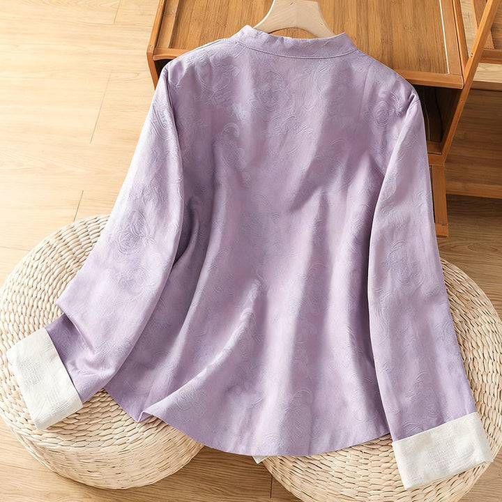 Buddha Stones Fall Jacquard Floral Print Frog-Button Stand Collar Long Sleeve Women's Cotton Shirt - image 9