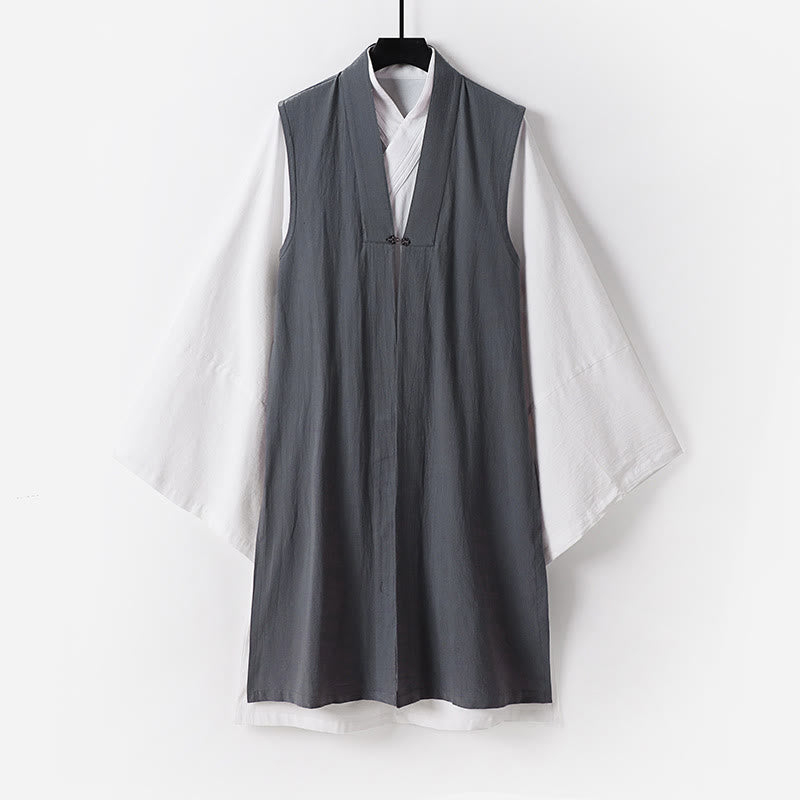 Buddha Stones 2Pcs Wudang Tai Chi Ceremony Solid Long Sleeve Men's Taoist Long Robe Kimono Sleeveless Vest Suit - Gray - US/UK/AU54，EU64 (9XL) - image 10