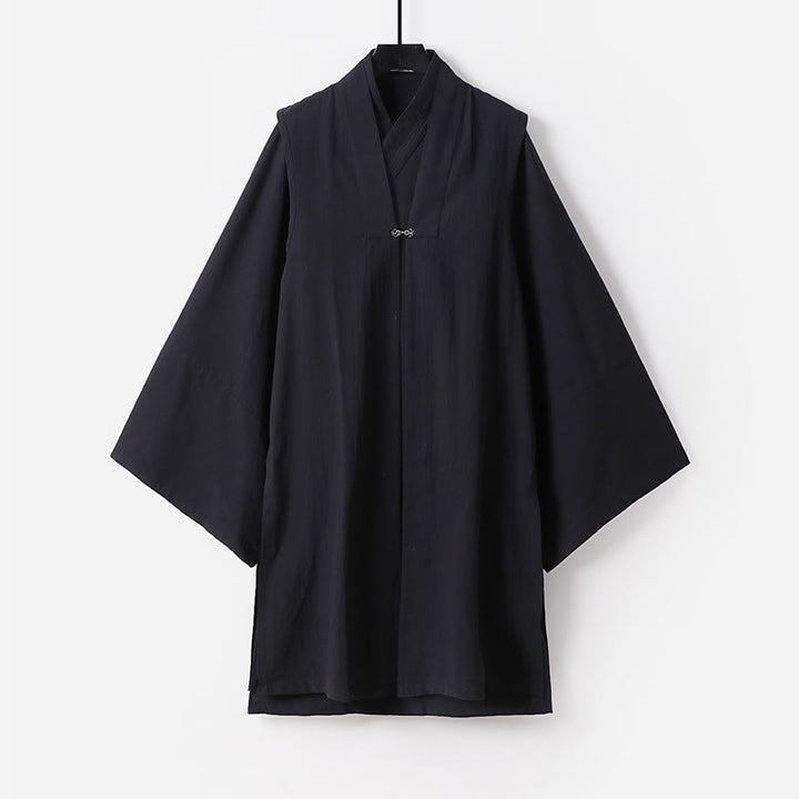 Buddha Stones 2Pcs Fall Solid Long Sleeve Men's Taoist Long Robe Lace-up Kimono Sleeveless Vest Qigong Ceremony Suit - Black - US/UK/AU54，EU64 (9XL) - image 14