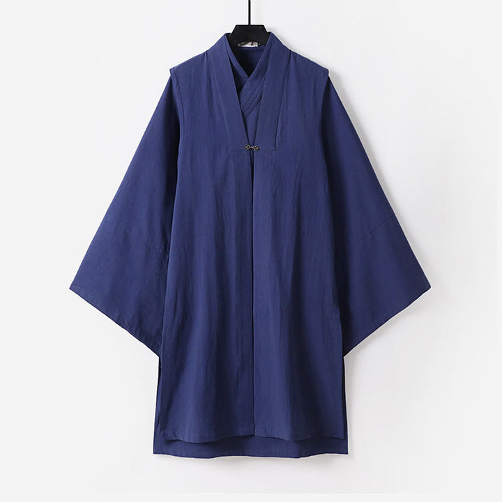 Buddha Stones 2Pcs Fall Solid Long Sleeve Men's Taoist Long Robe Lace-up Kimono Sleeveless Vest Qigong Ceremony Suit - SteelBlue - US/UK/AU54，EU64 (9XL) - image 17