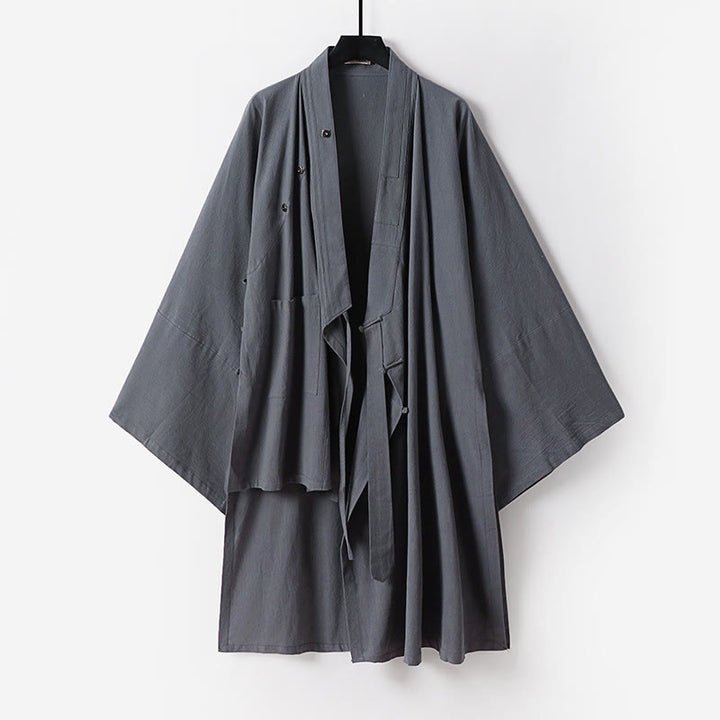 Buddha Stones 2Pcs Fall Solid Long Sleeve Men's Taoist Long Robe Lace-up Kimono Sleeveless Vest Qigong Ceremony Suit - image 6