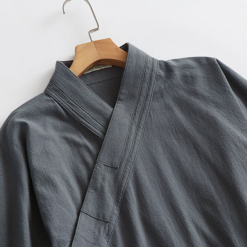 Buddha Stones 2Pcs Fall Solid Long Sleeve Men's Taoist Long Robe Lace-up Kimono Sleeveless Vest Qigong Ceremony Suit - image 10