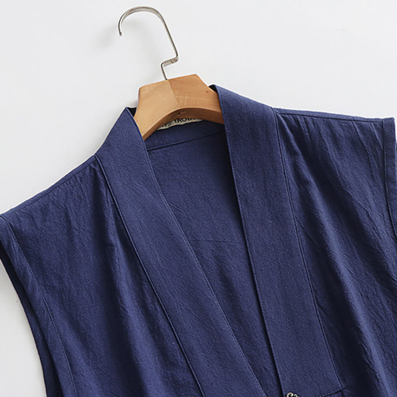 Buddha Stones 2Pcs Fall Solid Long Sleeve Men's Taoist Long Robe Lace-up Kimono Sleeveless Vest Qigong Ceremony Suit - image 22