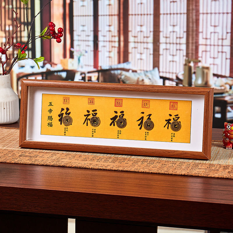 Buddha Stones Fu Character Five-Emperor Coins Lucky Fortune Photo Frame Ornament Home Decor - Style 1 - Medium Density Fiberboard(13*40*4cm) - image 0