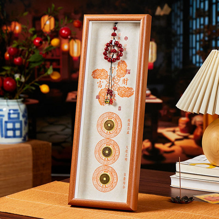 Buddha Stones Copper Coins Cinnabar Attract Fortune Blessing Photo Frame Ornament Home Decor - Style3 - Medium Density Fiberboard(13*40*4cm) - image 3