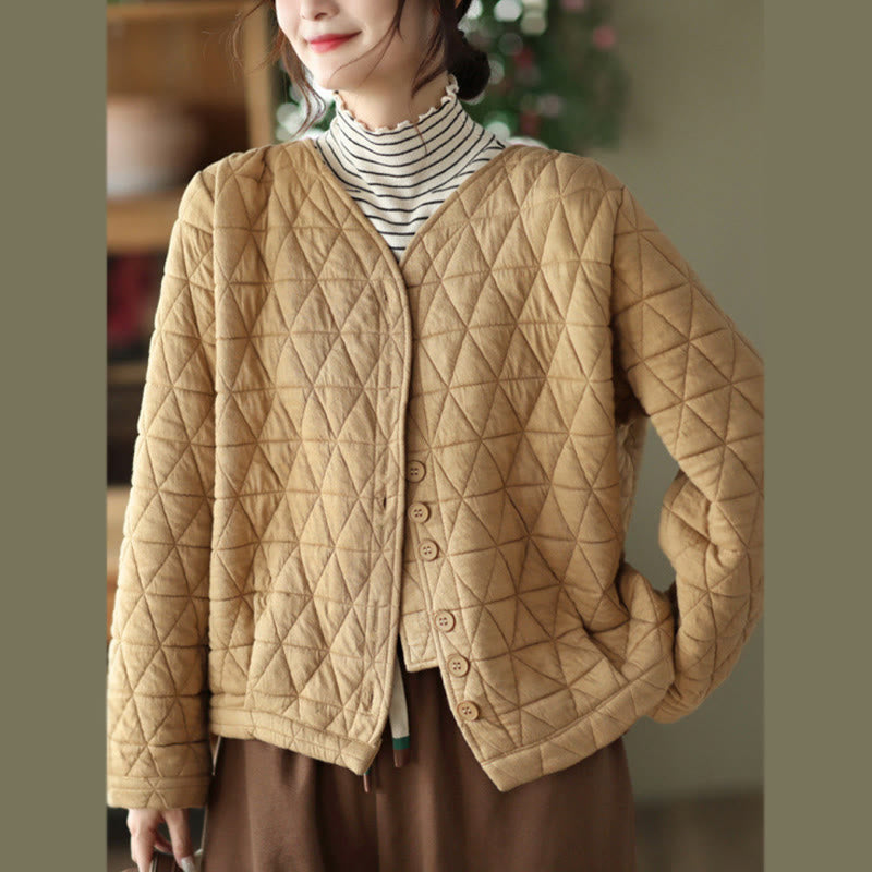 Buddha Stones Winter Cotton Long Sleeve Diamond Pattern Women's Thermal Jacket With Pockets - Goldenrod - US12，UK/AU16，EU44 (2XL) - image 9