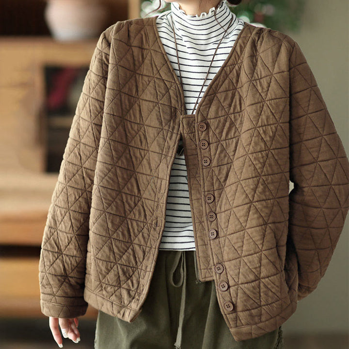 Buddha Stones Winter Cotton Long Sleeve Diamond Pattern Women's Thermal Jacket With Pockets - image 1