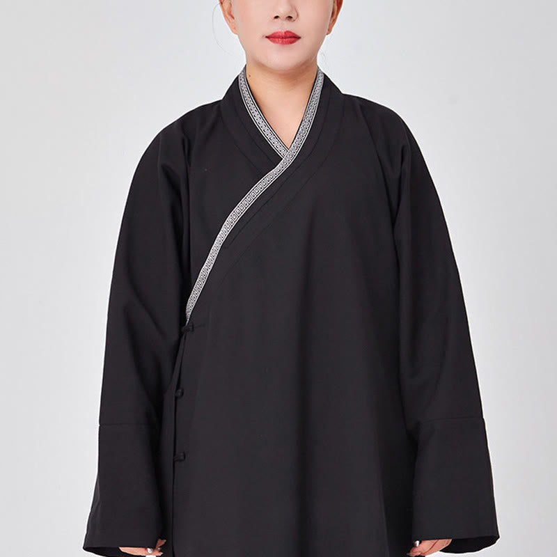 Buddha Stones 2Pcs Wudang Fall Solid Frog-Button Long Sleeve Linen Unisex Taoist Robe Kimono Pants Qigong Ceremony Suit - Black - 3XL-FIT FOR US/UK/AU/EU-XL - image 11