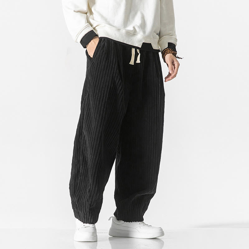 Buddha Stones Retro Winter Solid Color Men's Drawstring Corduroy Harem Pants With Pockets - image 12