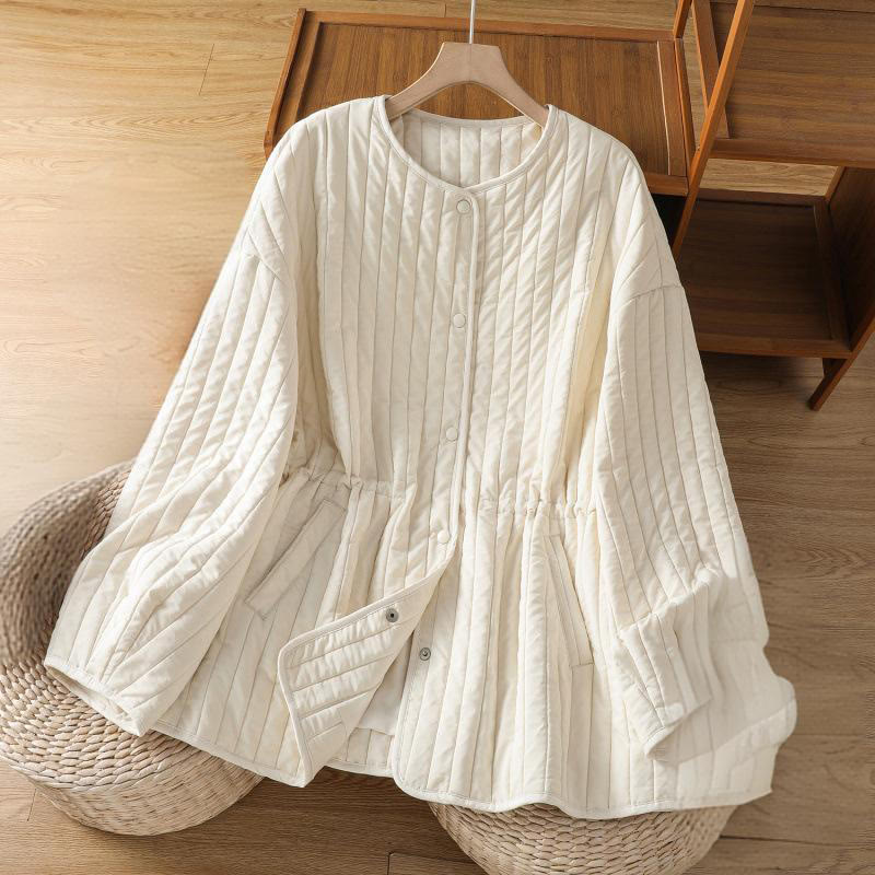 Buddha Stones Women's Plain Crew Neck Drawstring Design Long Sleeve Cotton Jacket With Pocket - Ivory - US14，UK/AU18，EU46 (2XL) - image 10